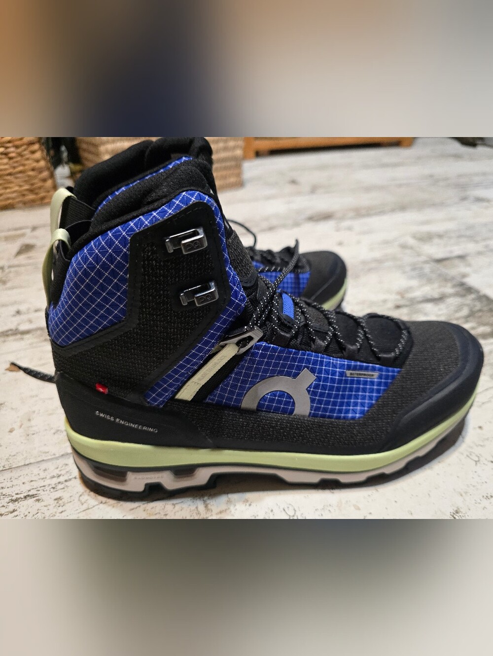 On Waterproof Trail Boot in Blue and Black with Lime Accent
